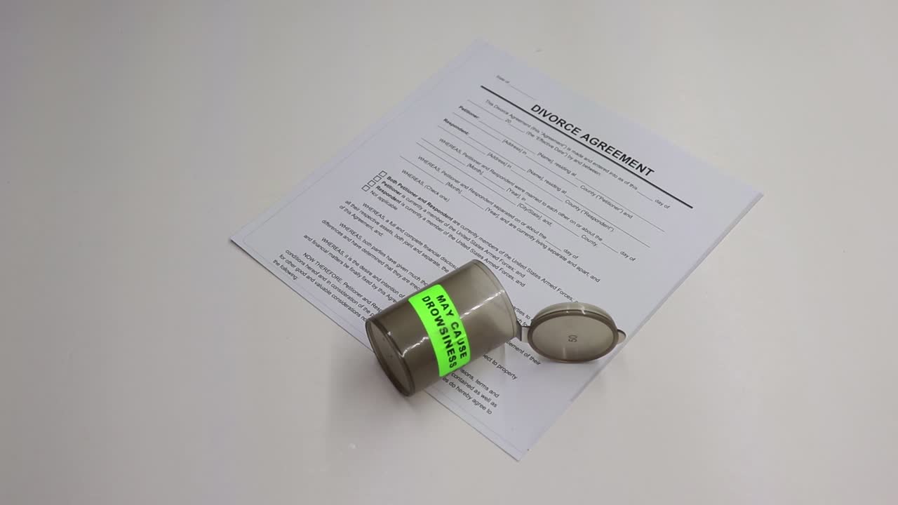 persona tomando un puñado de pastillas para dormir luego recoge un arma de fuego negra con papeles de divorcio dejados visibles en la mesa