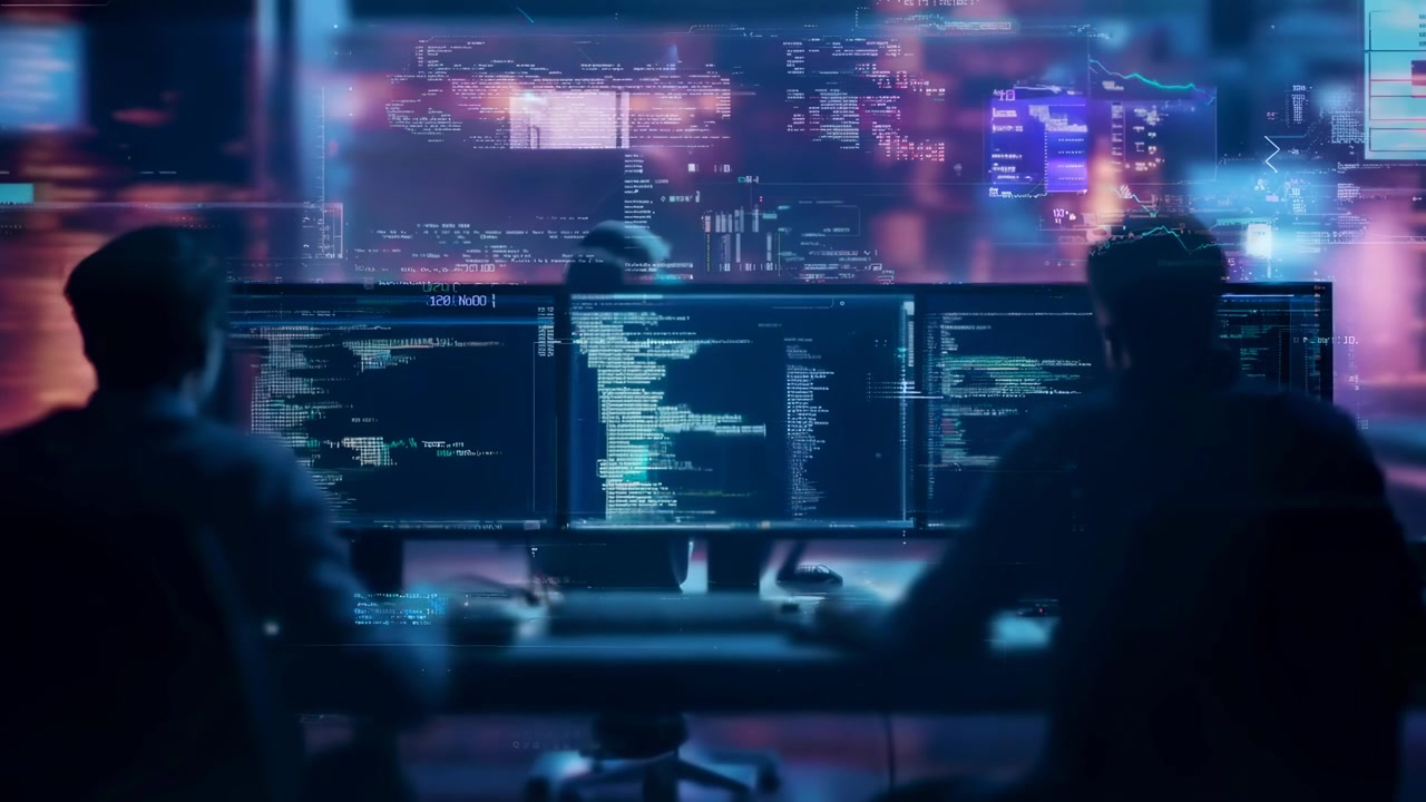 Two Programmers Working with Code on Multiple Computer Screens