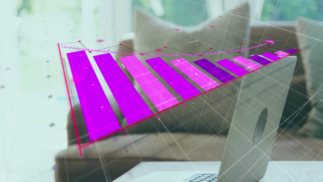 animación del procesamiento de datos estadísticos en primer plano de una computadora portátil en una mesa en casa