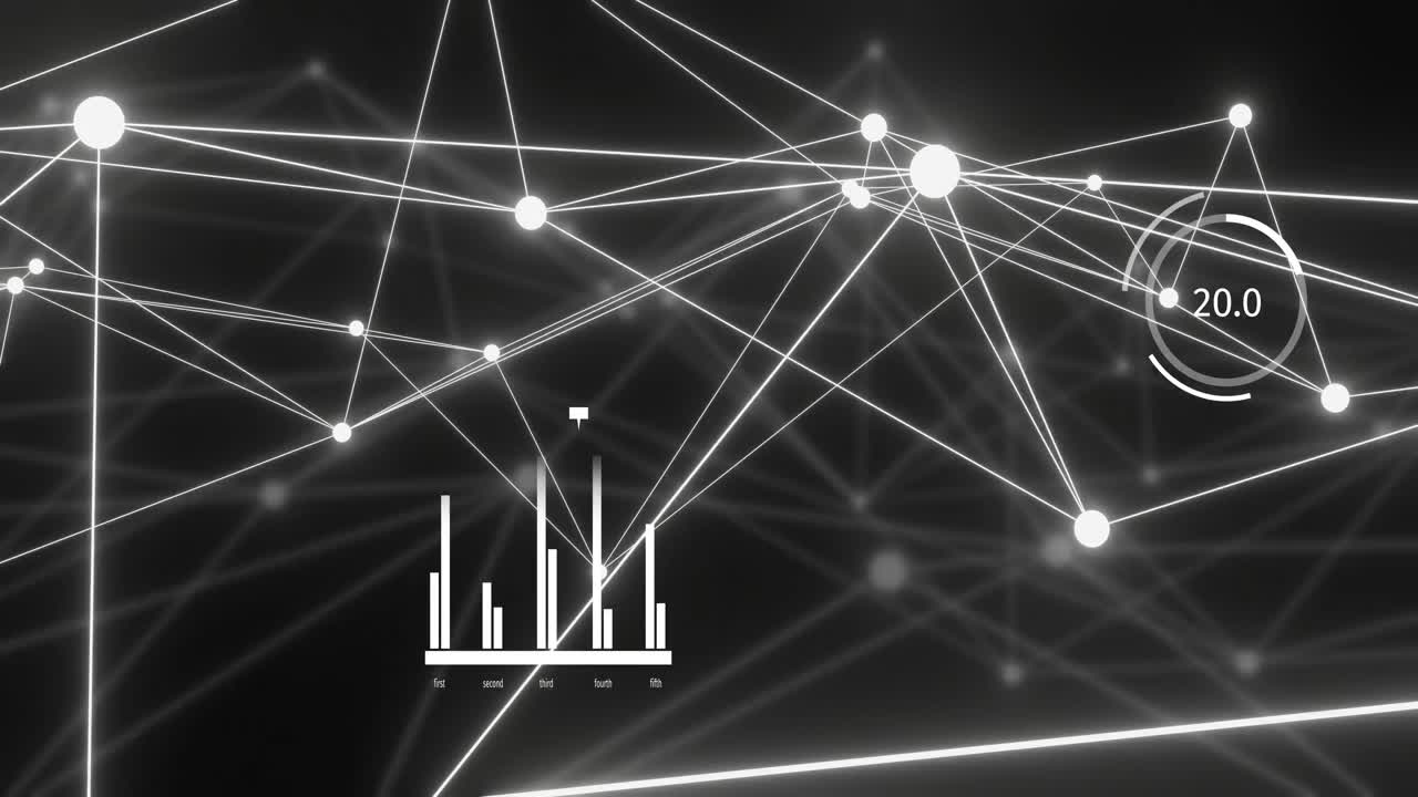 Animation of bright white network and data processing over distant network on black background