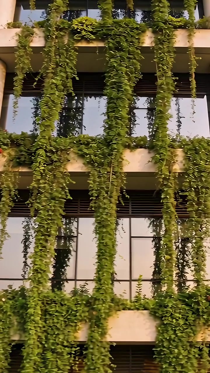 Vídeo vertical: Câmera inclinando, mostrando videiras em floreiras e janelas de vidro, revelando a altura.