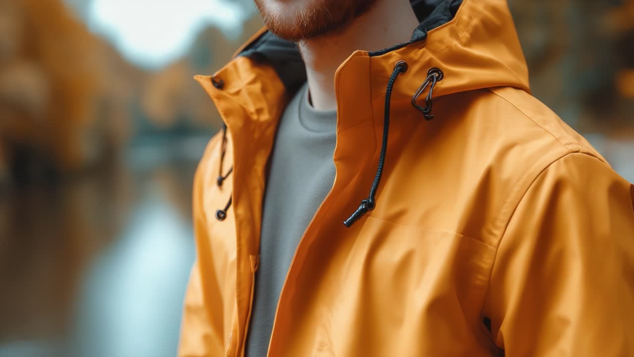A Stylish Individual in a Vibrant Yellow Rain Jacket Stands by a Tranquil Waterway Surrounded by Autumnal Foliage, Capturing the Essence of Fashion in Nature