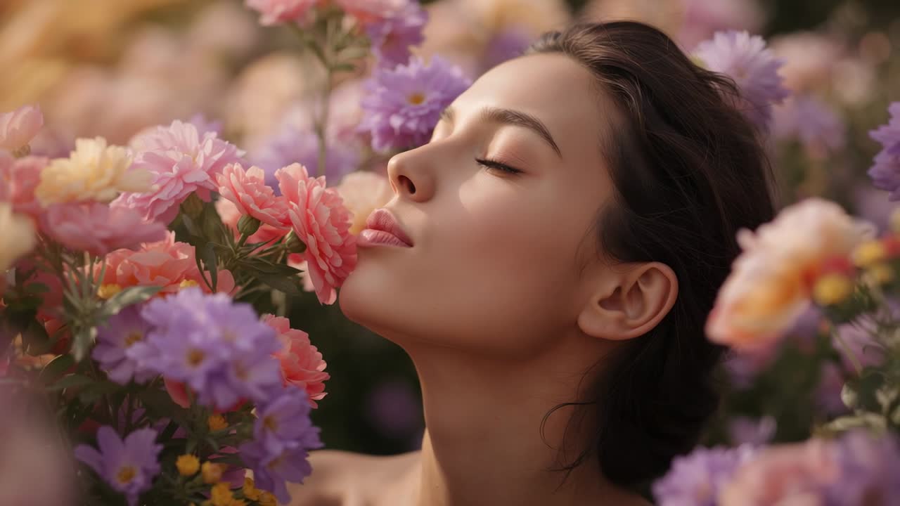 Donna asiatica che respira e porta le labbra a fiorire di rosa su un set floreale, spalle scoperte in mostra