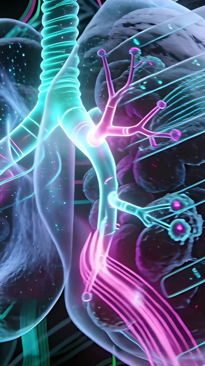 Vertical video: Panning camera bringing lungs closer in lab, showing glowing trachea and bronchi