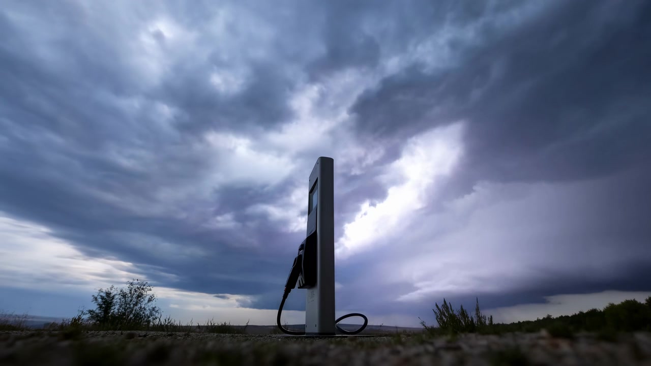 Pohled z nízké úrovně země u silnice na nabíjecí stojan pro elektromobily s kabelem a konektorem smotaným u základny, siluetou proti rozlehlé bouřlivé obloze s náladovým světlem a venkovským prostorem.