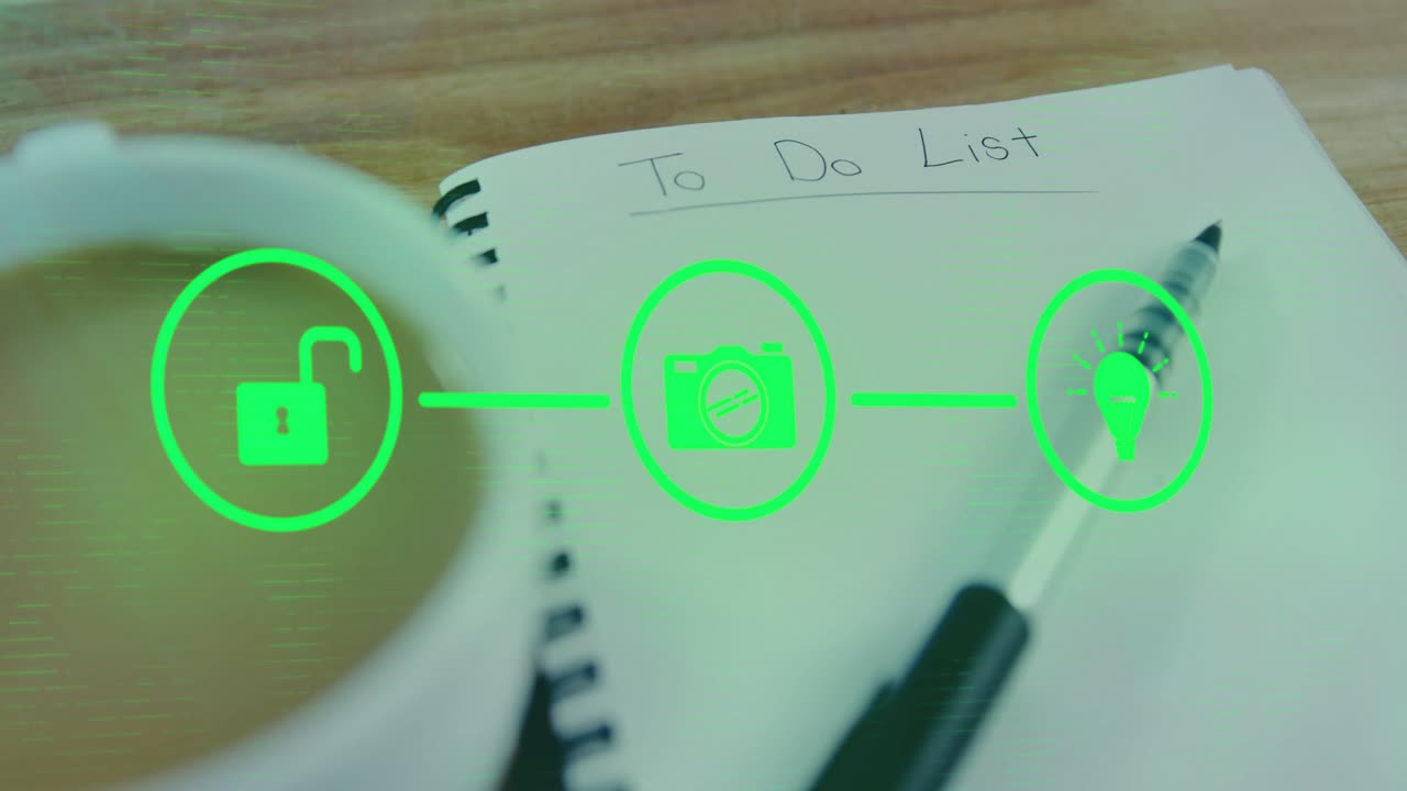 Green padlock popping over coffee, icons joining morphing into camera, lightbulb showing idea flow