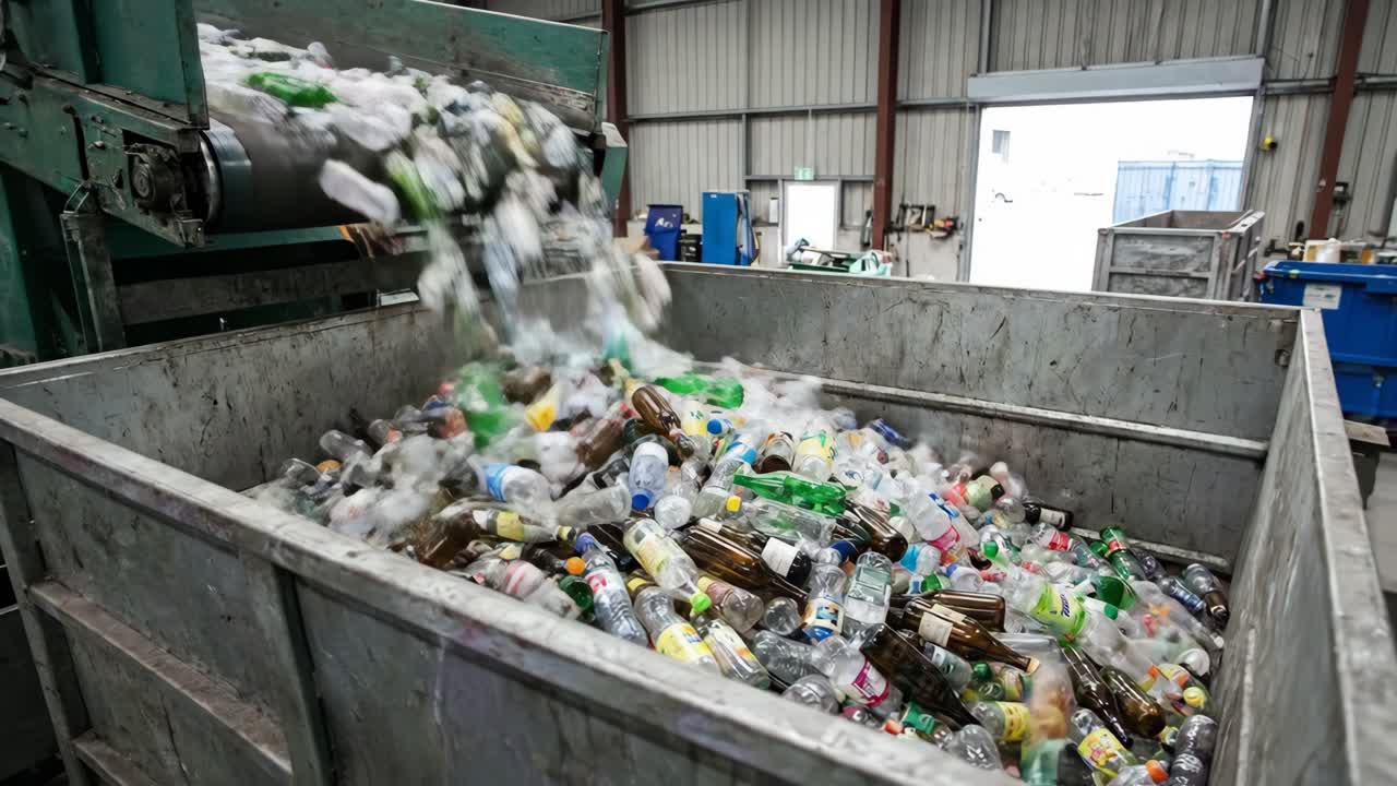 Plastic and Glass Bottles Falling into a Bin at a Recycling Plant