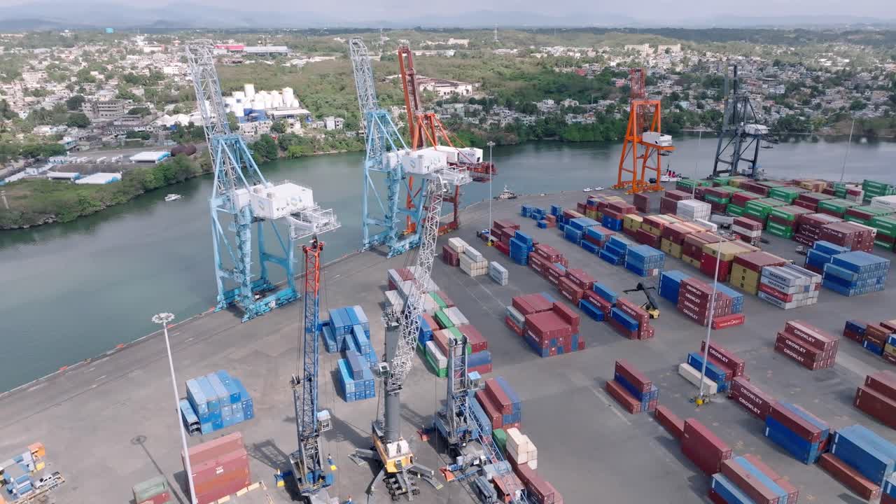 Aerial view of cranes and containers at Haina port in Santo Domingo, Dominican Republic