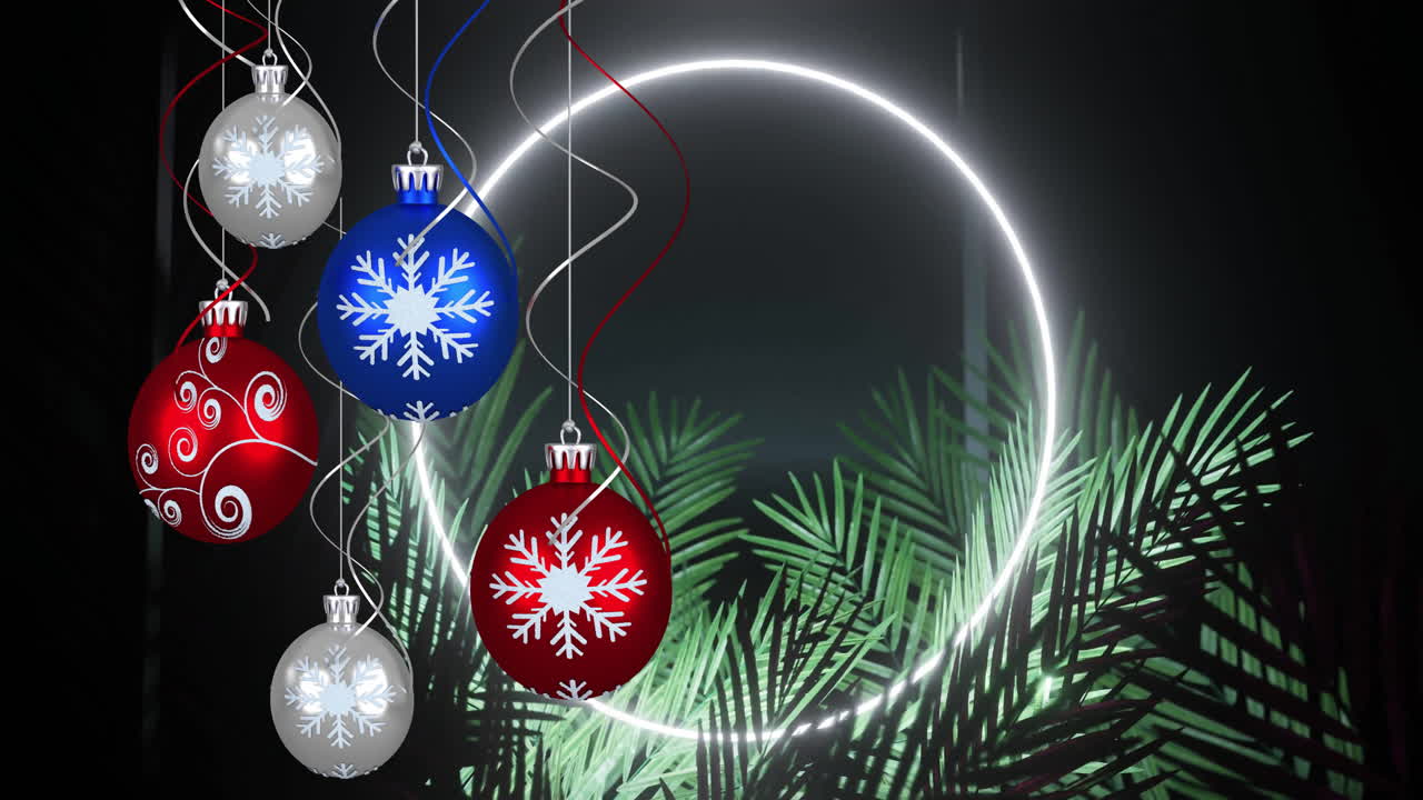 Animation of neon circle and leaves over christmas baubles