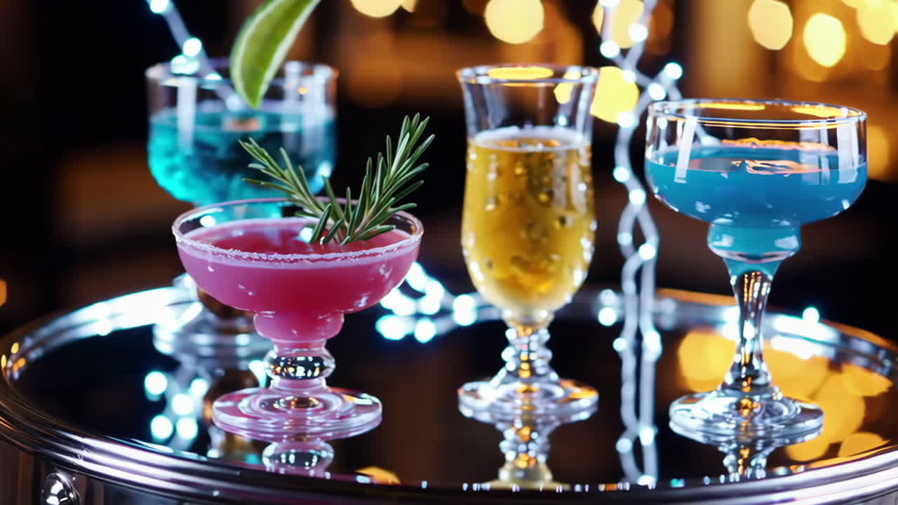 Vibrant Cocktails on a Tray with Festive Lights