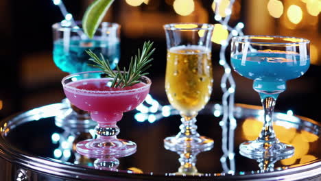 vibrant cocktails on a tray with festive lights