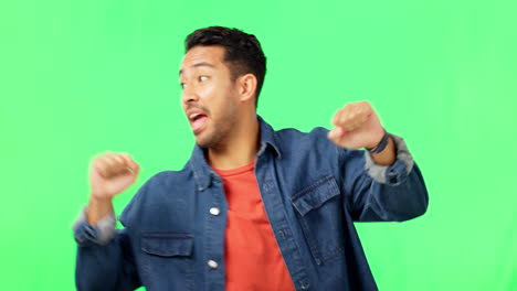 happiness, dance and man portrait in green screen