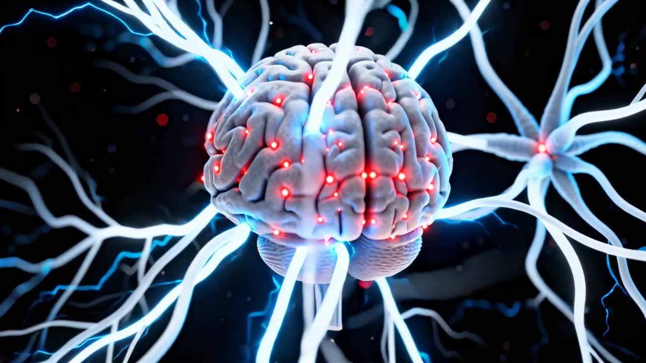 Red nodes lighting pulsing stylized brain sending blue arcs along axons in dark void, signaling