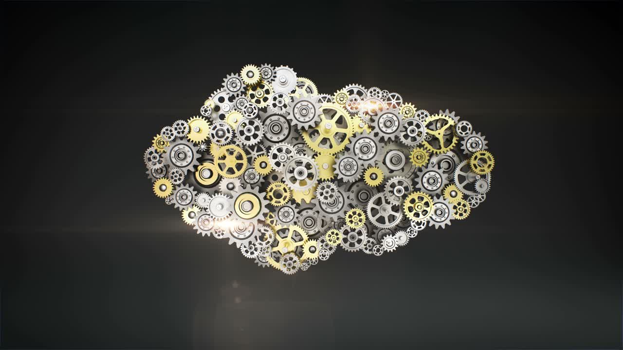 engranajes haciendo forma de servidor de computadora en la nube. inteligencia artificial, tecnología informática, ciencia humanoide. animación 4k.