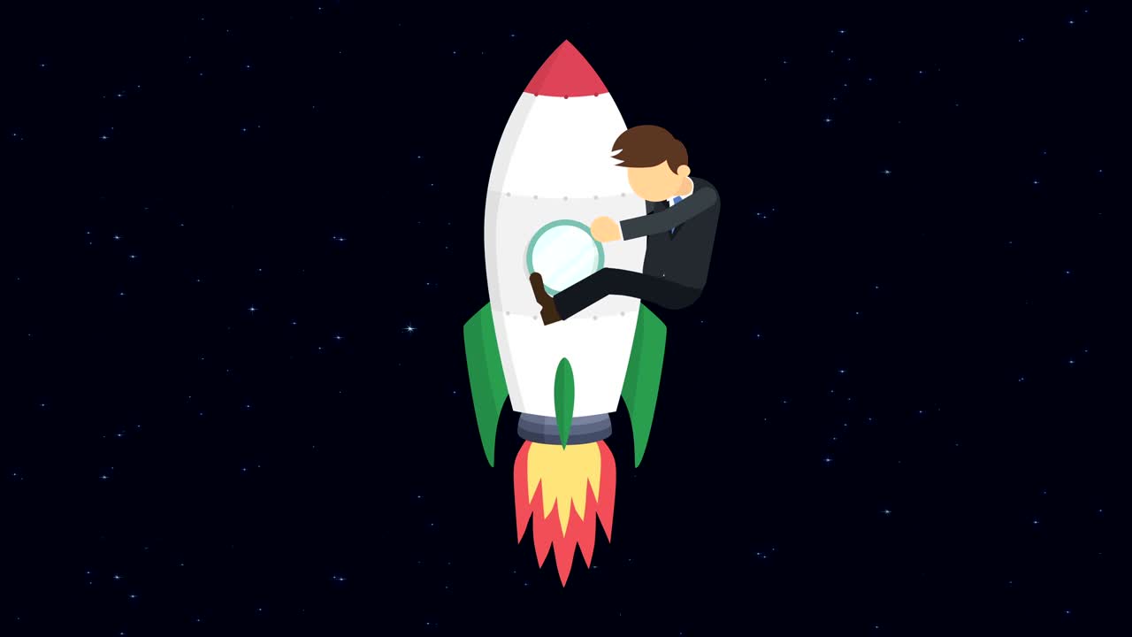 Business man flying on rocket through the space. Leap concept. Loop illustration in flat style.