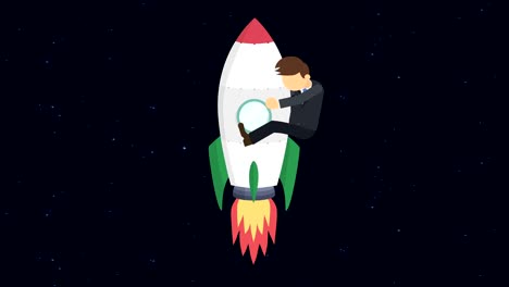 business man flying on rocket through the space. leap concept. loop illustration in flat style.