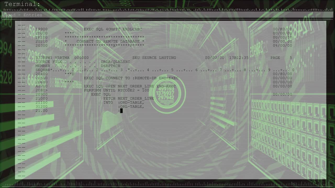 Emblem pulsing in wireframe tunnel, starting code overlays and SQL scrolling DB connection