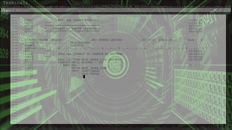 Emblem pulsing in wireframe tunnel, starting code overlays and SQL scrolling DB connection