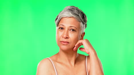 Cuidado-De-La-Piel-Para-Personas-Mayores,-Rostro-Y-Mujer-En-Pantalla-Verde