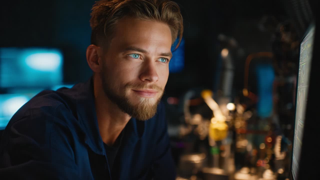 A focused young man with striking blue eyes and a well-groomed beard gazes intently at the glowing computer screen, immersed in his work within a low-lit, tech-laden environment, depicting concentration and passion
