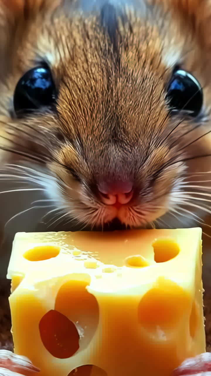 Close-Up of a Mouse Enjoying a Piece of Cheese in Nature. A mouse holds a block of cheese, focused on its meal in a natural setting. Vertical video