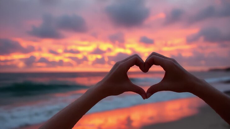 Un gesto a forma di cuore contro uno splendido tramonto, che cattura l'essenza dell'amore e della natura sulla spiaggia