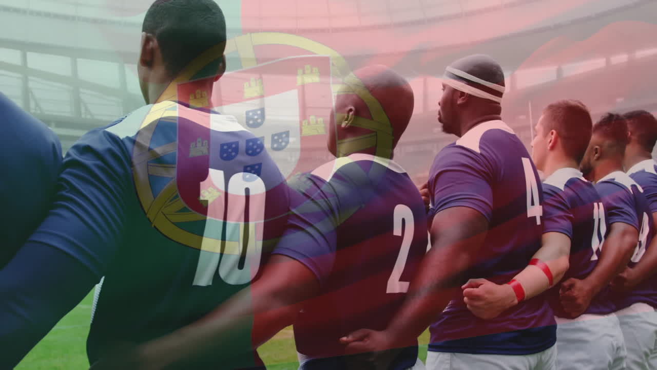 포르투갈의 발이 경기장에서 다양한 럭비 선수 위에 애니메이션