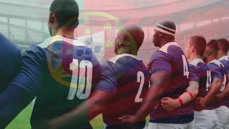 Animation-of-flag-of-portugal-over-diverse-rugby-players-on-field