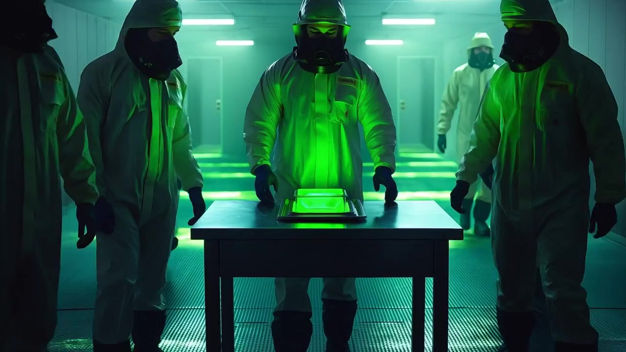 Postupující vedoucí technik ve žlutém obleku vede tým dekonaminační chodbou, kamera se posouvá, zajišťuje zařízení na podnosu.