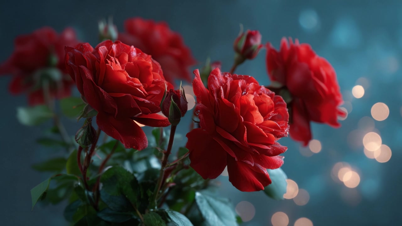 Vibrantes rosas rojas en flor con un suave fondo bokeh creando una atmósfera de ensueño ideal para celebraciones y ocasiones románticas, capturadas en dos marcos