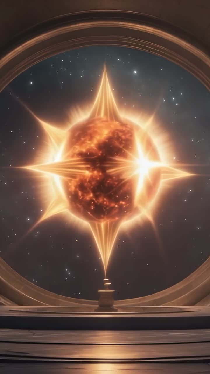 Vertical video: Emerging celestial sphere intensifying flares extending star beams in archway