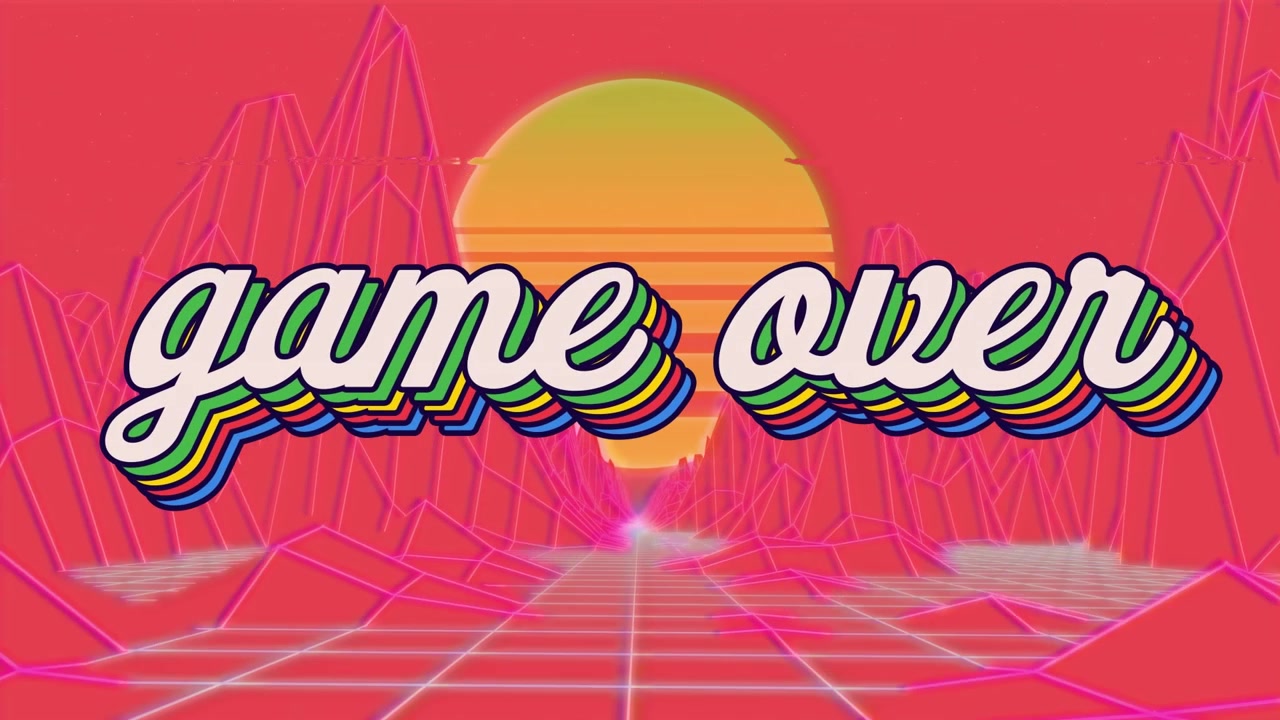 Animação de texto 'game over' sobre montanhas