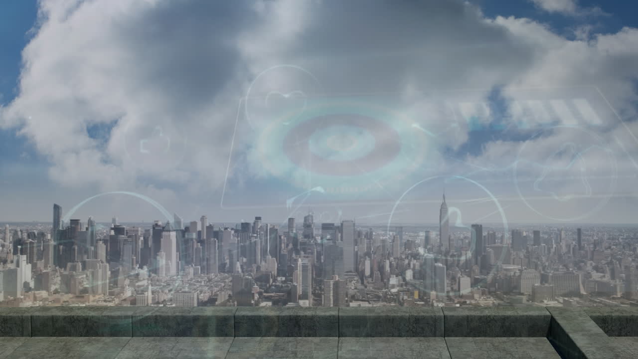 도시 풍경 위의 파란 하늘의 구름에 대한 디지털 아이콘의 네트워크