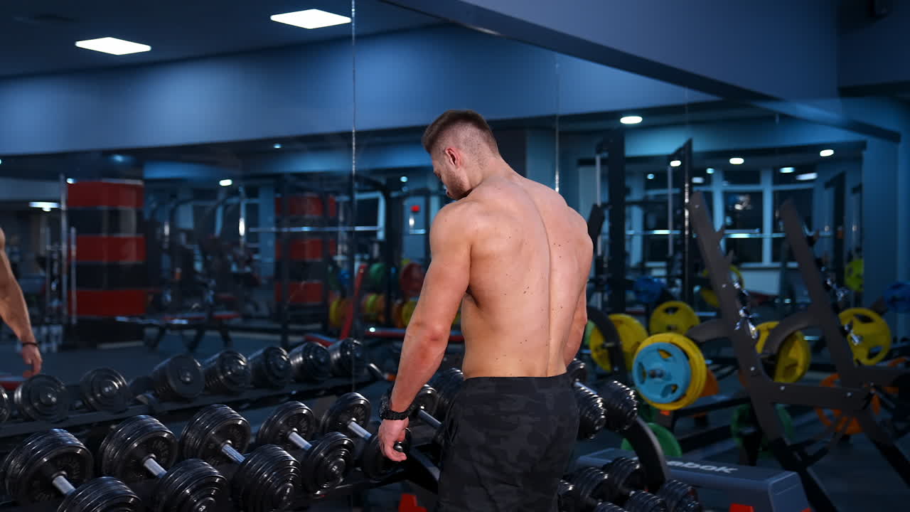 Strength workout. Determined fit man exercising with dumbbells pumping bicep muscles over gym background. Video from the back.