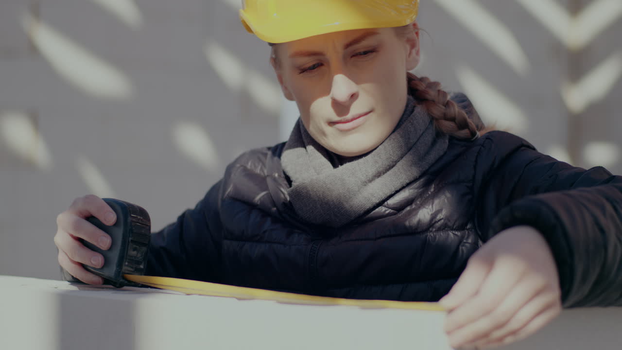 Confident young female supervisor wearing hardhat measuring concrete wall with tape at construction site