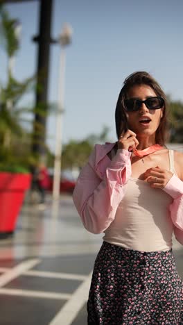 stylish woman in pink shirt and floral skirt