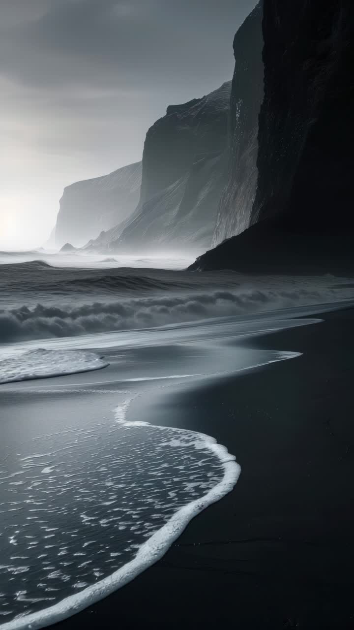 A dramatic video concept of a misty coastline with towering cliffs