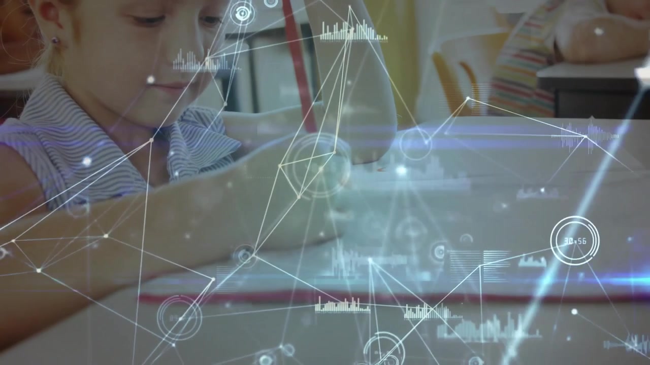Elementary student reaching for red pencil, focusing on writing in class with shifting data network