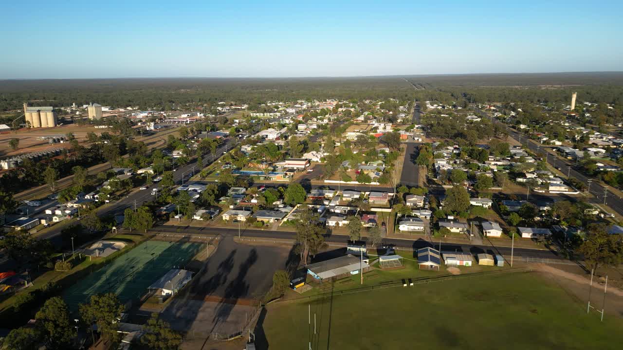 Approaching aerial views over residential housing in the small town of Miles Queensland.