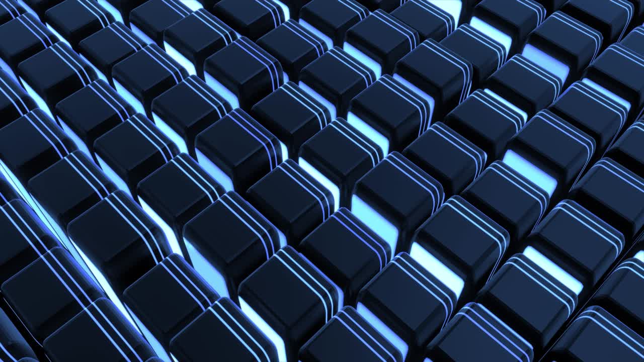 4r loop dark background with abstract blocks on plane like devices with screen lighting with blue neon light. Bg for festive show or holiday events, concerts, music videos, VJ for night clubs.