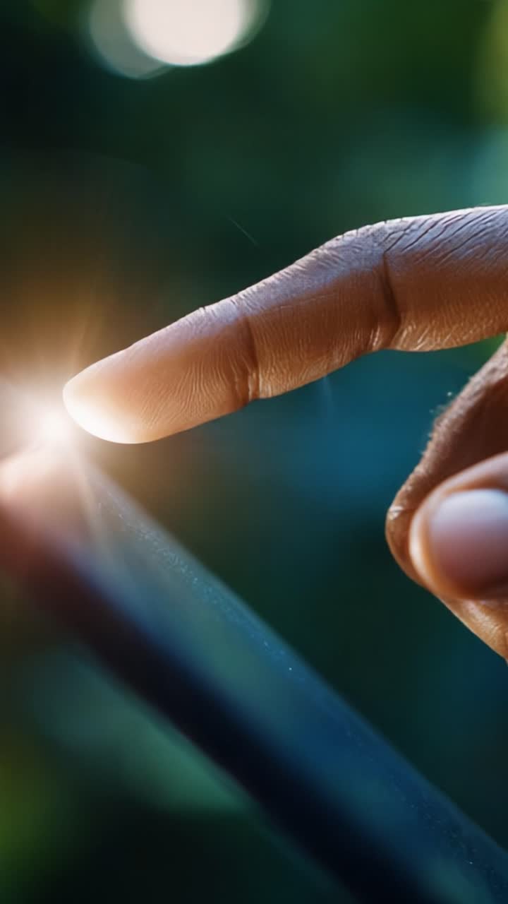 Close-Up of a Hand Touching a Screen, Creating a Bright Light Effect, Illustrating Interaction with Technology, Emphasizing Digital Connection and Modern Communication in a Natural Environment