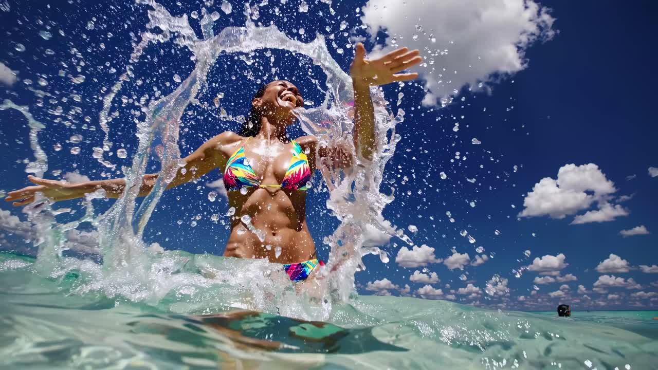Low-angle video shot of a woman in a colorful bikini splashing water at the beach, capturing joyful