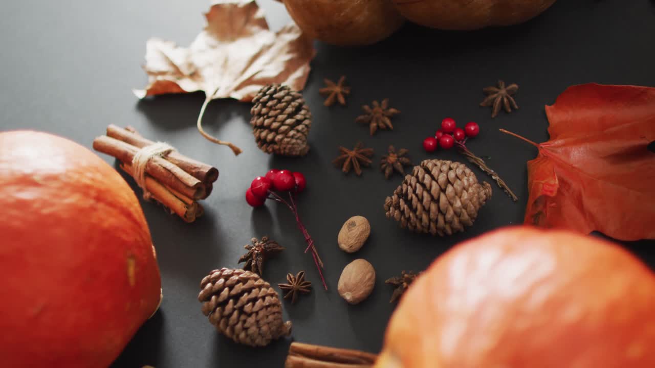 vídeo de abóboras com folhas de outono, pinheiros e especiarias em fundo preto