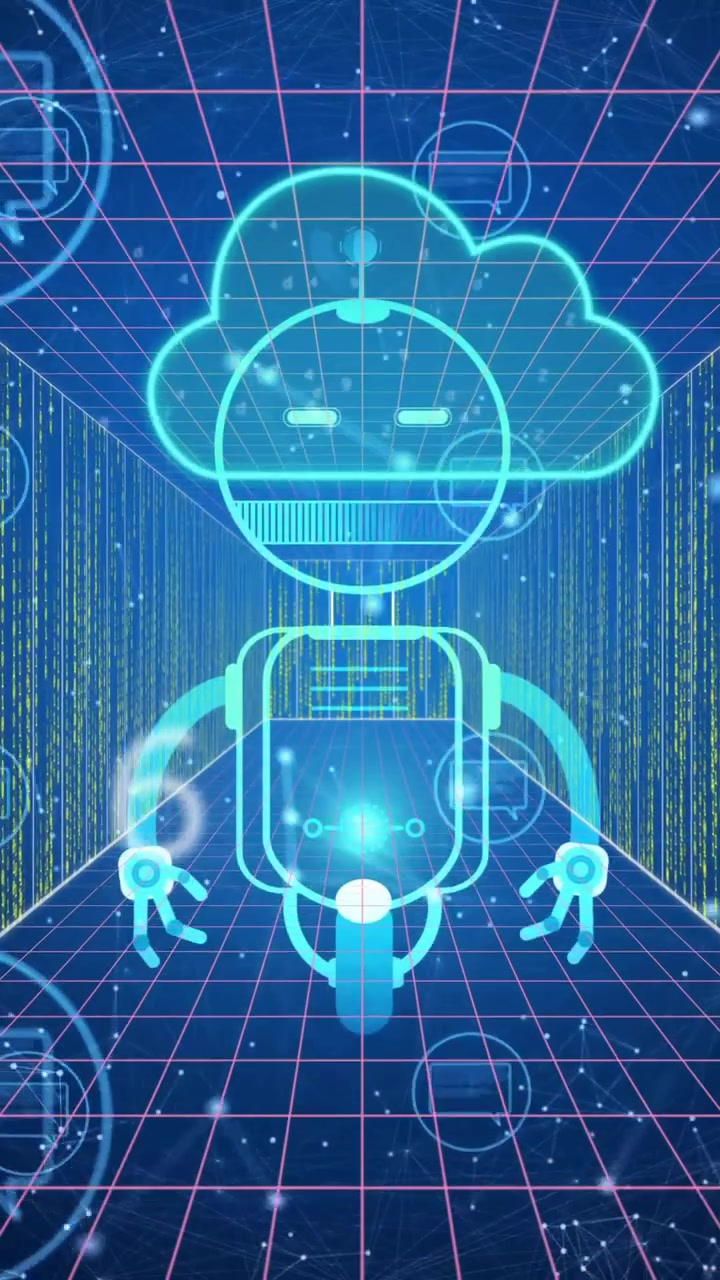 Animazione di robot e cloud computing su uno sfondo di elaborazione dati digitali.