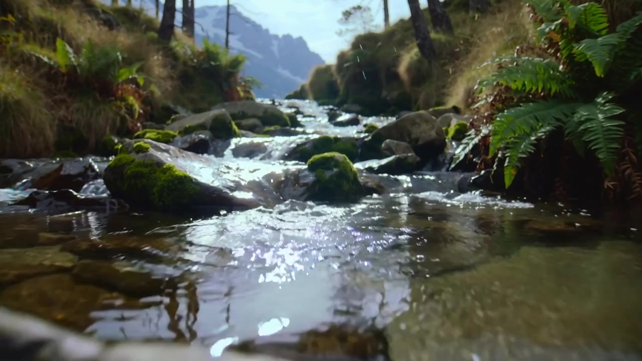 Tracking camera following mountain stream flowing in grassy valley, revealing mossy rocks and peaks