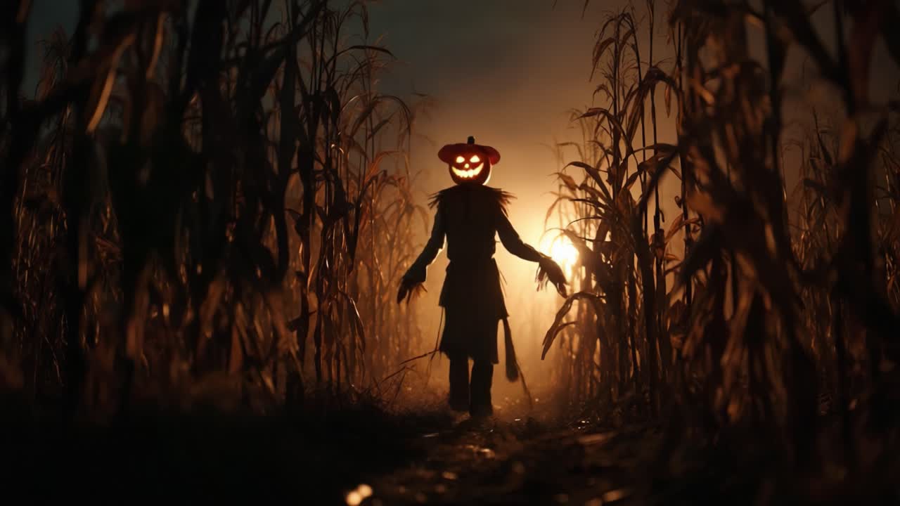 A solitary figure stands in a misty cornfield at dusk, illuminated by a glowing pumpkin head, creating an eerie and suspenseful atmosphere of autumn celebration