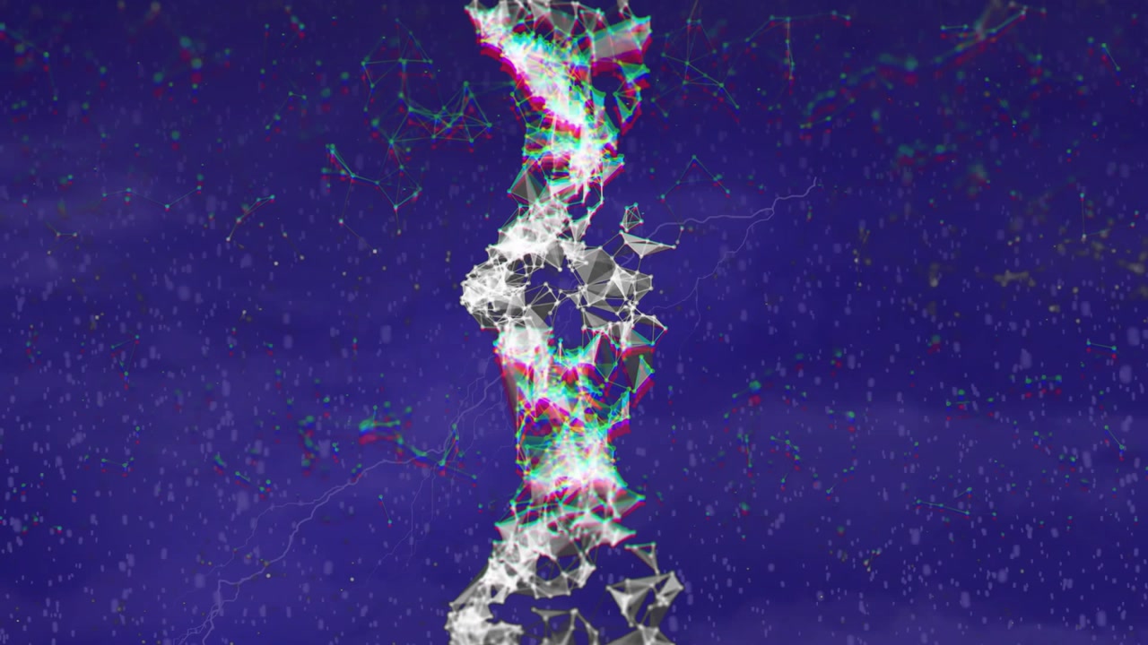 On start, triangular node lattice emerging and pulsing with glitch colors, visualizing data flow