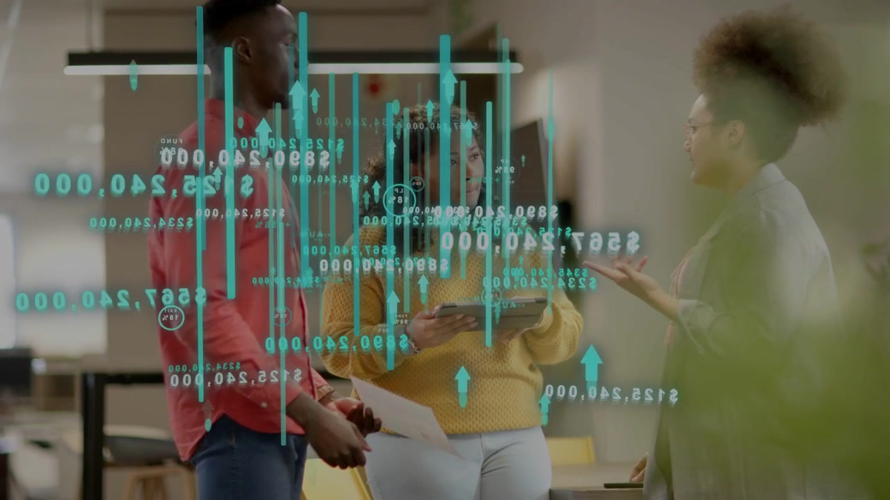Center woman tapping tablet while coworkers reviewing teal data visualization for business planning