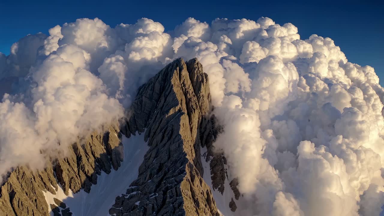 Aerial video captures dramatic mountain peaks piercing through dense clouds, showcasing nature's