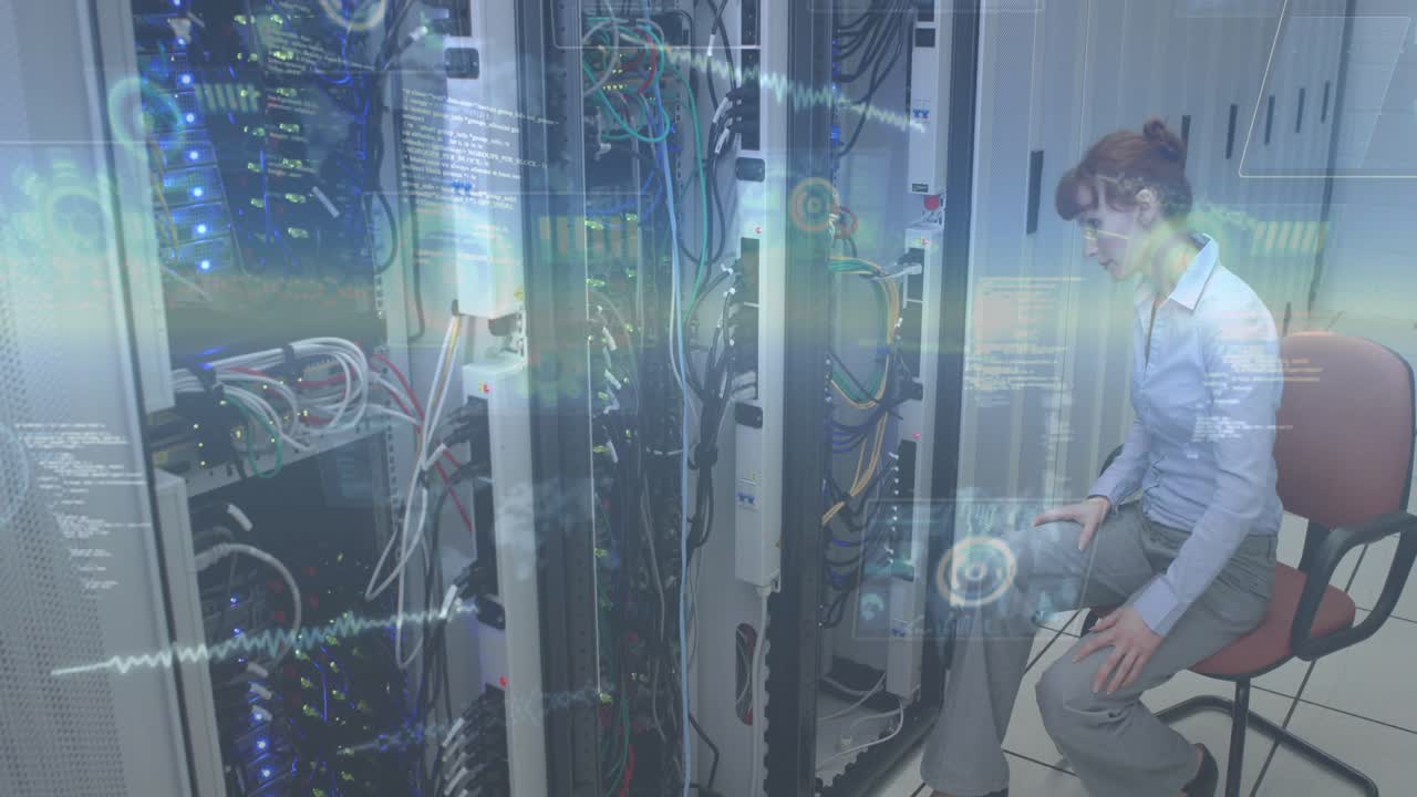 IT technician noticing blinking LEDs, leaning and checking rack cables while HUD scrolling